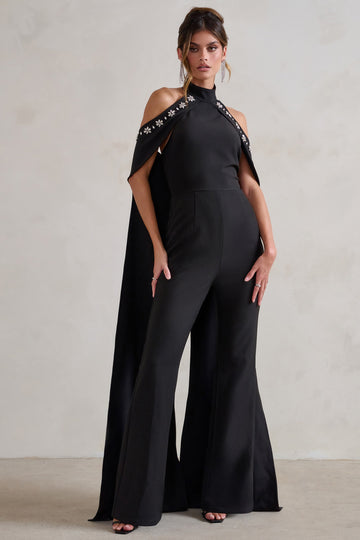 Angel Black High Neck Jumpsuit with Cold Shoulder Cape Sleeves